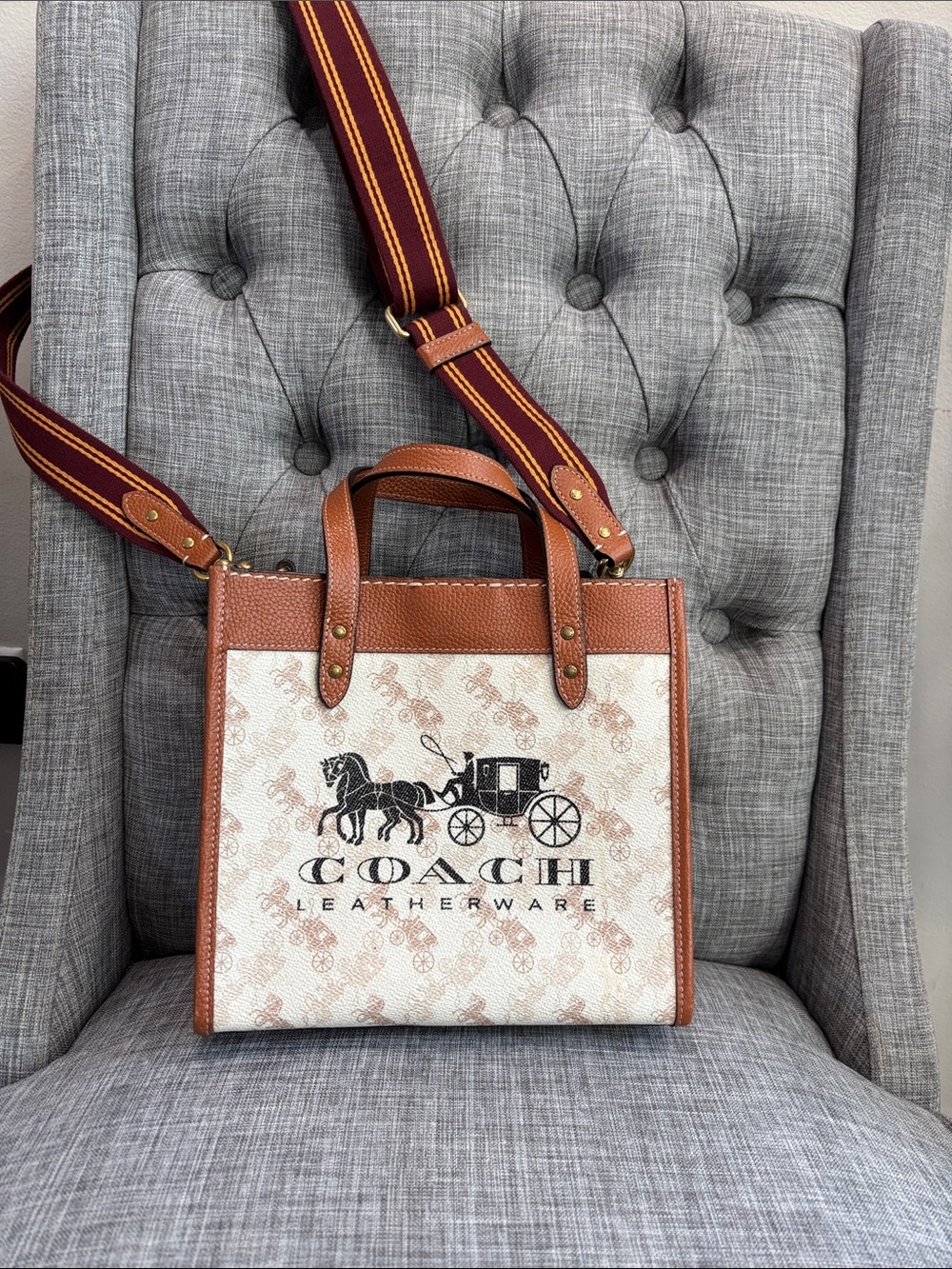 Coach Cream Canvas & Brown Leather Signature Tote with Striped Strap